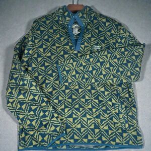 LL Bean Men's XL REG Fleece Pullover Snap Neck Geo Print Teal Gold